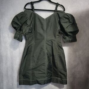 GANNI PUFF SLEEVE COLD SHOULDER TAFFETA DRESS SIZE 42 BLACK NORDSTROM NEW